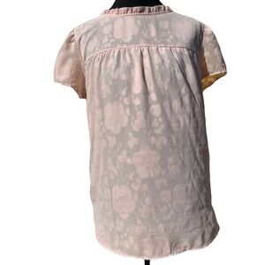 Loft Floral Jacquard Blouse Womens Large Pink Ruffle Neck Keyhole Back Cottage